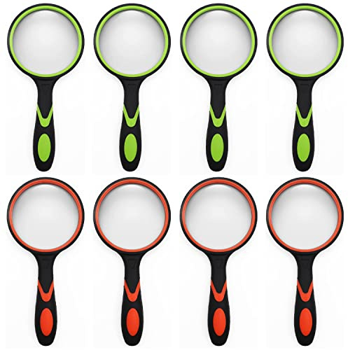 8 Pack 8X Handheld Magnifying Glass Reading Magnifier 50mm Magnifying Glass Lens with Non-Slip Rubber Handle for Reading Hobbies and Science