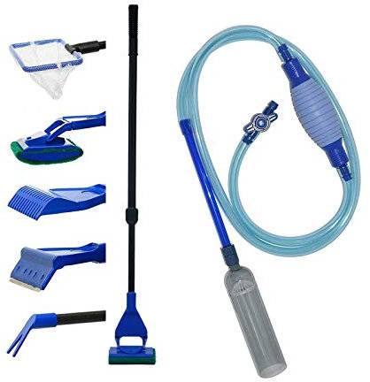 QIODAZOO Aquarium Zubehoer, Aquarium Wasserwechsel und 5 in 1 Aquarium Reinigungs Set, Fischnetz, Algenschaber, Löffelnetz, Kies Rechen, Pflanzengabel
