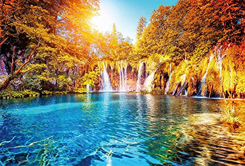 Fototapete Wald Landschaft Sonne Wasserfall See Schlafzimmer Wohnzimmer | 3,84 m x 2,6 m | Orange, Gelb, Blau, Türkis