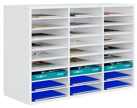PAG 27 Fächer Verstellbarer Dokumentenablage aus Holz,Holz-Literatur-Stehsammler,Aktensortierer Briefablage A4 Zeitschriftenständer,für Büro/Zuhause/Schule, Weiß