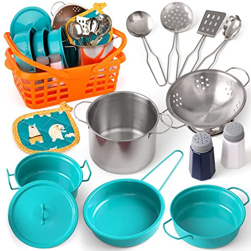 Veitch fairytales Set Pentole Giocattolo e Cucina Accessori per Bambini, Pentoline Giocattoli e Utensili Cucina per Bambina Pentolini Gioco Bambino 3 4 5 6 7 8 anni (Verde)