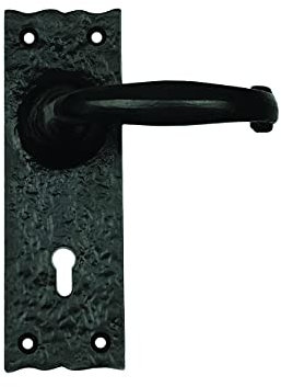 Centurion Tudor Antique Black Door Handles, Pack of 3 Pairs, Wrought Iron Lever on Backplate for Internal & External Doors