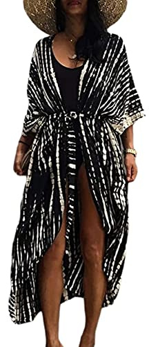 HYUET Maxi-strandklänning dam, bikini täckplagg dam i stor storlek, strandponcho, lång, boho, damkimono, lös, sommarpareo, lång sommarklänning, elegant maxiklänning i bomull, för semester, A-svart, En