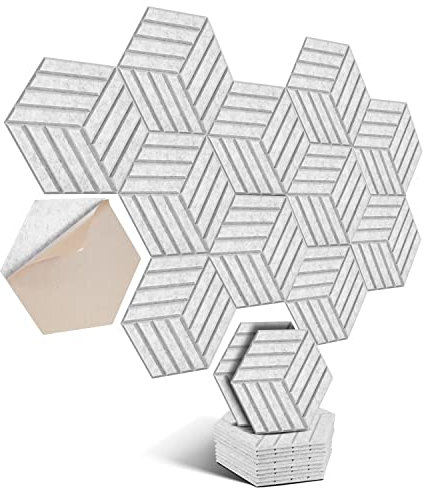 Hexagon Akustikplatten selbstklebend 12 Stück I Schallabsorber Schallschutz mit hoher Dichte für Wand Decken Holz & Tür - Akustikpanel Schallschutzplatten, 30x26x0.9cm,Streifen,Silbergrau
