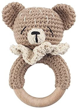 Baby Greifling Rassel Beißring,Tier Gehäkelte Babyrassel Häkeln Holz Greifling Baby Rassel Fuchs Tiger Löwe Hase Baby Montessori Babyspielzeug für Neugeborenes Baby Junge Mädchen Geschenk zur Geburt