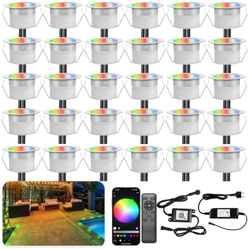30 Stück Terrasse Einbaustrahler außen RGB-WiFi Ø31mm led Bodeneinbauleuchten Aussen 12v mini led spot Boden Licht Led Terrassenbeleuchtung IP67 Wasserdicht Kompatibel mit Alexa Google Home