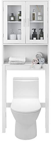 LIFEZEAL Scaffale sopra WC con un Ripiano Aperto e 2 Porte in Vetro Smerigliato, Mobile WC con un Ripiano Centrale Regolabile, Organizer Bagno Salvaspazio in Legno, 58 x 18,5 x 170 cm, Bianco