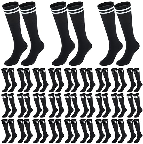 Hercicy 30 Pairs Kids Soccer Socks Sport Team Knee High Football Athletic Striped Hockey Socks for 5-12 Years(Black)