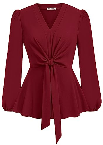 Damen Sommer Elegant Shirt V-Ausschnitt Langarm Oberteile A-Linie Silm Schlank Bluse Leicht Weiche Top Weinrot XL
