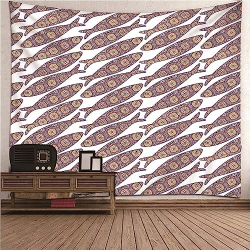 Banemi Tapiz bohemio para colgar en la pared otoño blanco lila poliéster patrón de peces tapiz decorativo dormitorio 150 x 130 cm