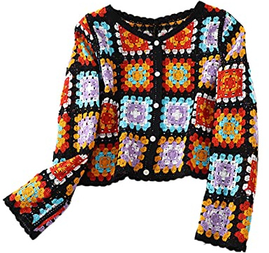 FeMereina Women's Crochet Button Down Cardigan Knit Sweater Long Sleeve V Neck Hollow Out Jumper Beach Floral Cover Up (Black Square, One Size)