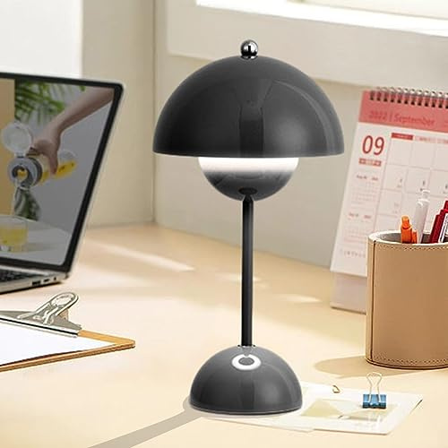 BomKra Flowerpot Mushroom LED Table Lamps,Rechargeable Modern Bud Macaron Lamp Vintage Touch Dimmable with 3 Color Bedside Light for Bedroom Living Room Home Office Wedding (Black)