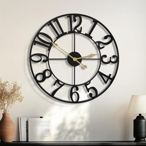 HAITANG Große Wohnzimmer Uhr Wand, schwarz wanduhr rund, Metall, 47CM wanduhr ohne tickgeräusche batteriebetrieben wanduhren lautlos Arabische Ziffern Uhren für Schlafzimmer, Küchen Dekoration