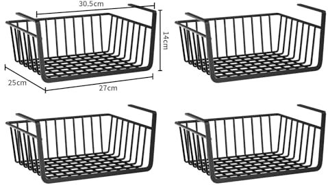 COITROZR 4 Stück Hängekorb Küche, Hängekorb aus Metall, Unter Schrank Lagerung Organizer, Schrankkörbe, Allzweckkorb Aufbewahrungskorb für Schreibtisch, Bad, Vorratskammer, Schwarz, 27 x 25 x 14 cm