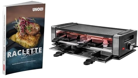 Unold 487309 Raclette Finesse Basic Raclette-Grill inkl. Raclette Rezeptbuch mit 50 Rezepten, für 8 Personen, wendbare Antihaft-Grillplatte, elektrischer Tischgrill, Edelstahl/Aluminium, 1200W