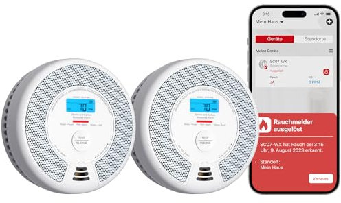 X-Sense Détecteur de Fumée et de Monoxyde de Carbone Connecté avec Batterie Remplaçable, Détecteur Intelligent Compatible avec X-Sense Home Security App, SC07-WX, Lot de 2