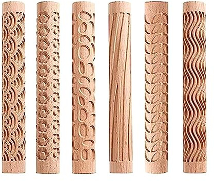 Qezodsx 6 Piece Wood Clay Modeling Pattern Rollers Kit Clay Rolling Pin Textured Hand Roller Wooden Handle Pottery Tools Set Easy to Use