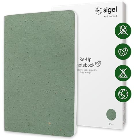 Sigel RU103 Re-Up Notizbuch A5 liniert 100 Seiten grün | RU103, Geschenkbuch aus Kaffee- und Baumwollresten, 100 g Papier, nachhaltig hergestellt ohne Chemikalien