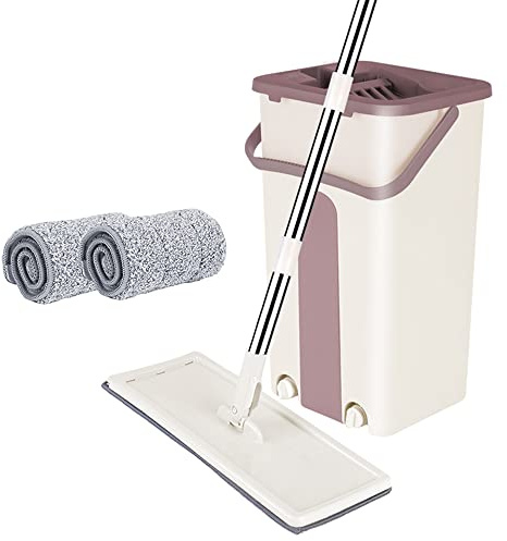 OHMG Mop and Bucket, Nettoyeur de sol en Plastique, Vadrouille et Seau Comprend 1 Tige de Vadrouille, 1 Seau, 2 Têtes en Microfibre Réutilisables