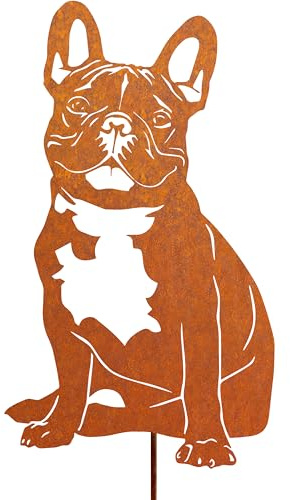 Französische Bulldogge Gartenstecker Metall Rost Gartendeko Draußen 58cm | Wetterfest Grabstein Hund Blumenstecker Draußen Rost Deko für Garten Balkon Blumentöpfe