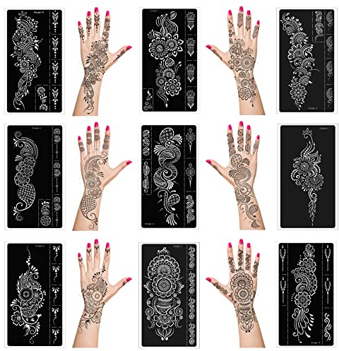 Kit de pochoirs de tatouage au henné, pochoirs réutilisables au henné pour la main, l'avant-bras, l'aérographe, autocollants de tatouage temporaire indien