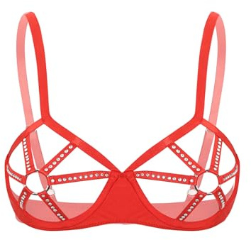 FEESHOW Damen Balconette BH Mit Bügel Körper Cross Cage Aushöhlen Büstenhalter Mit Strass Und O-Ring Ouvert Dessous Reizwäsche Brust Offen Rot XXL