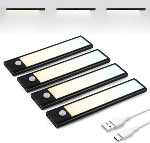 Brendz Luz de armario con detector de movimiento, iluminación para armario, 4 x 20 cm, 3 temperaturas de color, recargable, iluminación regulable, barra de luz LED inalámbrica, color negro