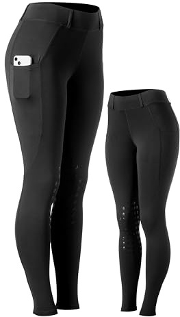 Equinavia Classic Womens Equestrian Silicone Knee Patch Breeches with Phone Pockets | Horse Riding Pants Schooling Tights - Black - S