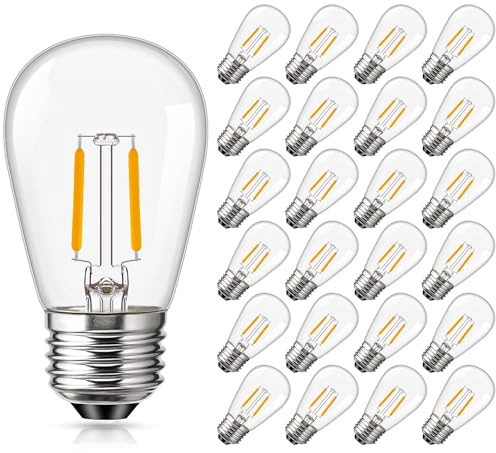 Genixgreen 25 Pack Outdoor String Light Bulbs,S14 1.5W ES E27 Screw Bulb | Decorative Filament Bulb for Festoon/Backyard/Patio/Garden,Clear Glass,2700k Warm White,10W-15W Equivalent,Non-dimmable