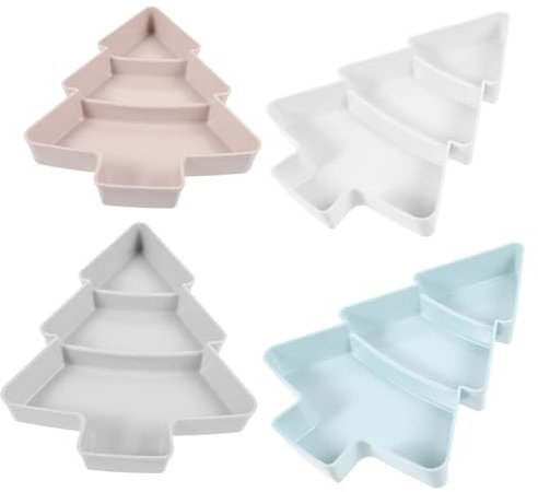 HOLIDYOYO Christmas Tree Fruit Plate Kit 4pcs Creative Compartment Snack Storage Trays for Candy Dried Fruit Appetiser Light Pink Grey Blue White