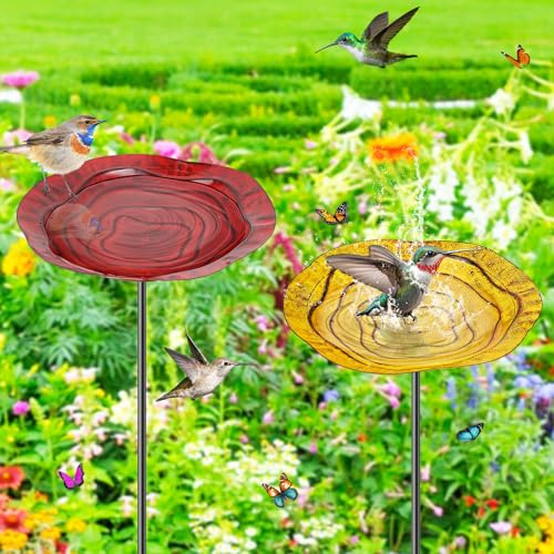 2Pcs Metal Bird Baths for Outside, Hummingbird Small Birdbath Bowl for Outdoors with Metal Stake, Bird Feeder for Garden Yard Lawn Decor (2P-Red&Yellow)