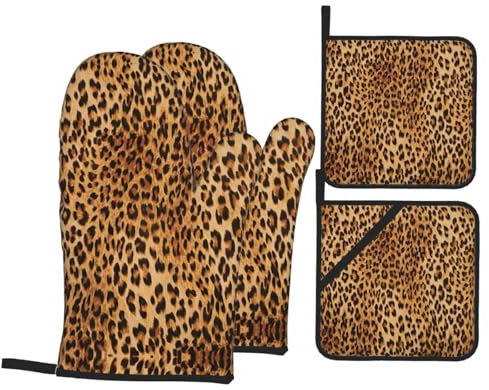 Guanti Da Forno E Presine Da Cucina Set, Leopard Print Stylish Guanti Da Cucina Professionale Guanti Da Forno Antiscivolo Presine Da Cucina Per Forno Grill Natale