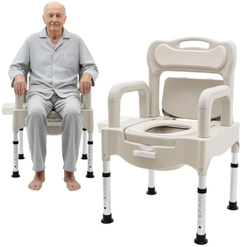 Silla de baño con ruedas, silla de ruedas, silla de ruedas con cubo de inodoro, ancho del asiento para personas mayores, silla de noche, altura regulable, reposabrazos plegable, 55 cm