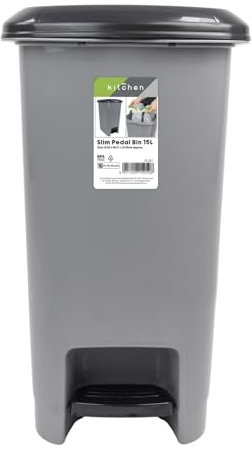 JVL Slim Plastic Lidded Foot Pedal Waste Bin, 15L, Grey