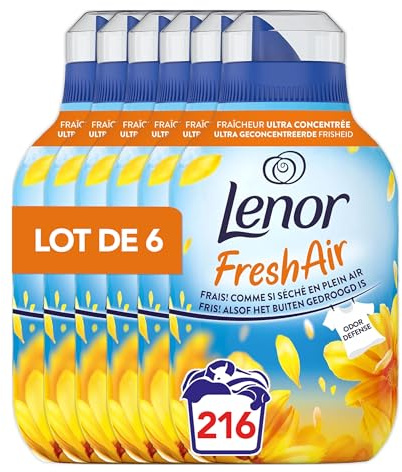 Lenor Fresh Air Adoucissant Rayons de Soleil, 216 Lavages (6 x 36 Lavages), Fraîcheur Ultra Concentrée