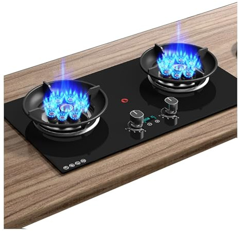 Cuisinière À Gaz 2 Feux, 5,2 KW, 9 Cavités, Feu Élevé, Verre Trempé Noir, Support De Casserole En Fonte, Minuterie De 180 Minutes (indépendante Des Deux Côtés)(LPG)