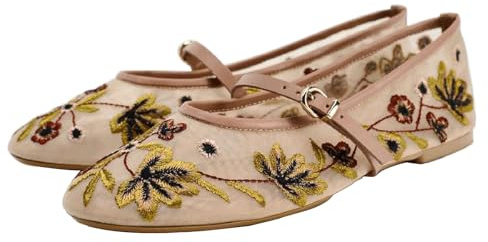 MAVMAX Nude Mesh Ballet Flats for Women Tulle Floral Embroidered Mary Jane Ballerina Round Toe Comfortable Daily Dress Ballet Flats Shoes with Strap, Nude Buckle, 5 UK