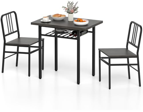 TANGZON Dining Table and Chair Set, 3-Piece Breakfast Table Set with 2 Chairs, Storage Shelf & Metal Legs, Modern Kitchen Furniture for Small Space, Apartment (Gray + Black)