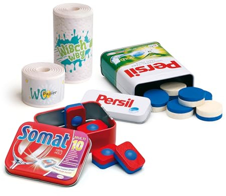 Erzi 03093 Kaufladenspielzeug für Kinder aus Holz, Set | Geschirrspültabs Somat und Waschmitteltabs Persil in der Dose, Küchenrolle und Toilettenpapier, Kaufmannsladen, Rollenspiele