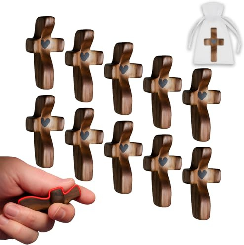 JimSeiSei 10-Pack Wooden Cross Fidget Pocket Prayer, Walnut Comfort Fidget for Anxiety Relief, Small Wooden Crosses Bulk Christian Gifts for Prayer, Church, Baptism & Mother's Day with Organza Bags