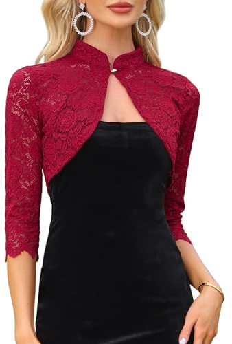 Allegra K Bolero Pizzo Donna Elegante Maniche 3 4 Cardigan Floreale Trasparente Rosso Scuro S