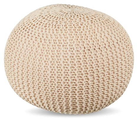 Pouf Relaxdays, Lavorato a Maglia, HxP: 33 x 46 cm, Imbottitura in polistirolo, Cuscino Rotondo, hocker Boho, Beige