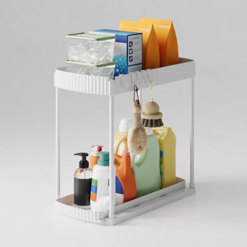 FloWCASA Underställ för tvättställ, 2 nivåer med 5 krokar, diskmaskinsorganisatör utdragbar, köksskåp organisatör för diskmaskin och badrum (1 pack, vit)