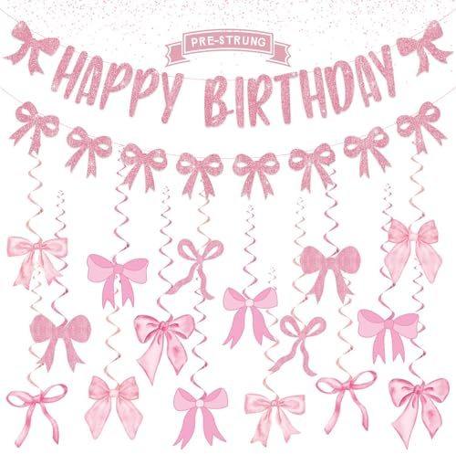 Födelsedagsdekoration rosa med rosetter – glittrande Happy Birthday-banderoll, rosgirlang och hängande dekoration, virvlar, dekoration, födelsedag för flickor och kvinnor, söt festdekoration i rosa