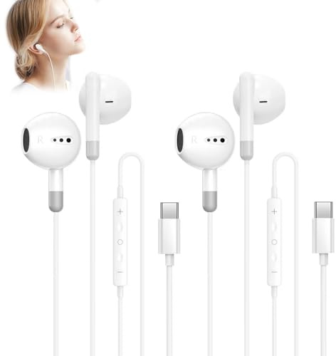 2 Pack de auriculares con cable USB C para iPhone 16/15, auriculares intrauriculares estéreo Hi-Fi con USB C, micrófono integrado y control de volumen para iPad Pro, iPhone, Galaxy S23/S22/S21/S20