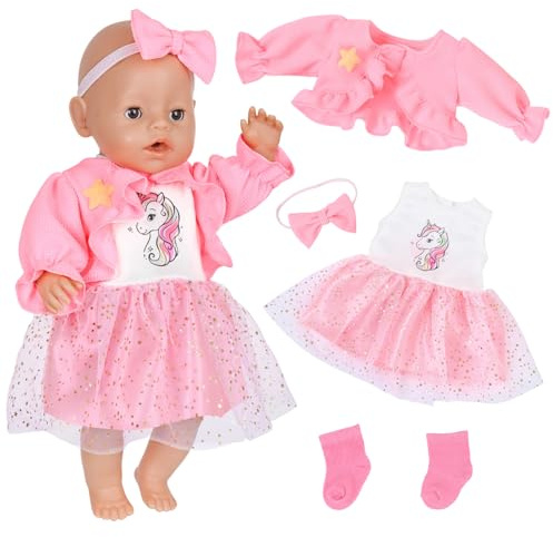Puppenkleidung 35-43 cm, Pony Newborn Baby Kleidung Puppenzubehör mit 1 Rosa Mantel 1 Sternchen Pailletten Tüllkleid 1 Stirnband 1 Socken für 14-18 Zoll Baby Puppen für Kinder Mädchen Jungen Geschenk