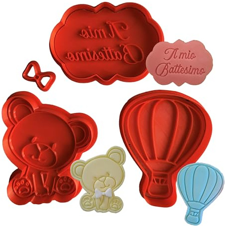 Tagliabiscotti.it - Set Tagliabiscotti Battesimo: orsetto con fiocco + Il mio Battesimo + mongolfiera - Ideali per realizzare biscotti o decorazioni per nascita bambino/bambina Cookies cutter 8cm