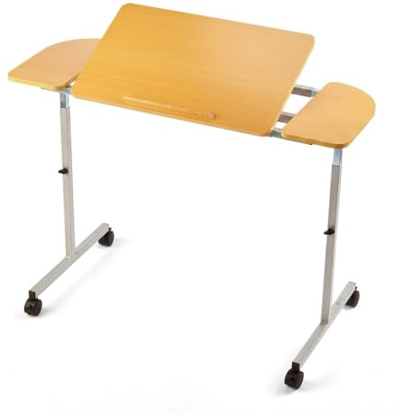 Verax Healthcare Tilting Over Bed/Chair Table – Height & Width Adjustable Overbed Table with Wheels – Hospital Bed Table with Lockable Castors & Side Shelves for Dining, Reading, Laptop or Tablet Use
