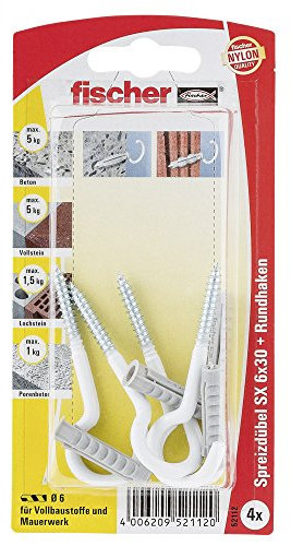 Fischer Spreizdübel SX 6 x 30 HR K SB-Karte, 4 x Rundhaken 4 x 65, nylonbeschichtet, weiß, 052112