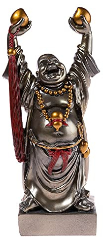 lachineuse – Große Statue eines lachenden Buddha – Glücksbringer–27 cm | Rote Kordel und Pfirsiche der Langlebigkeit – aus bronzefarbenem, getöntem Harz - Dekorative Geschenkidee, China, Asien